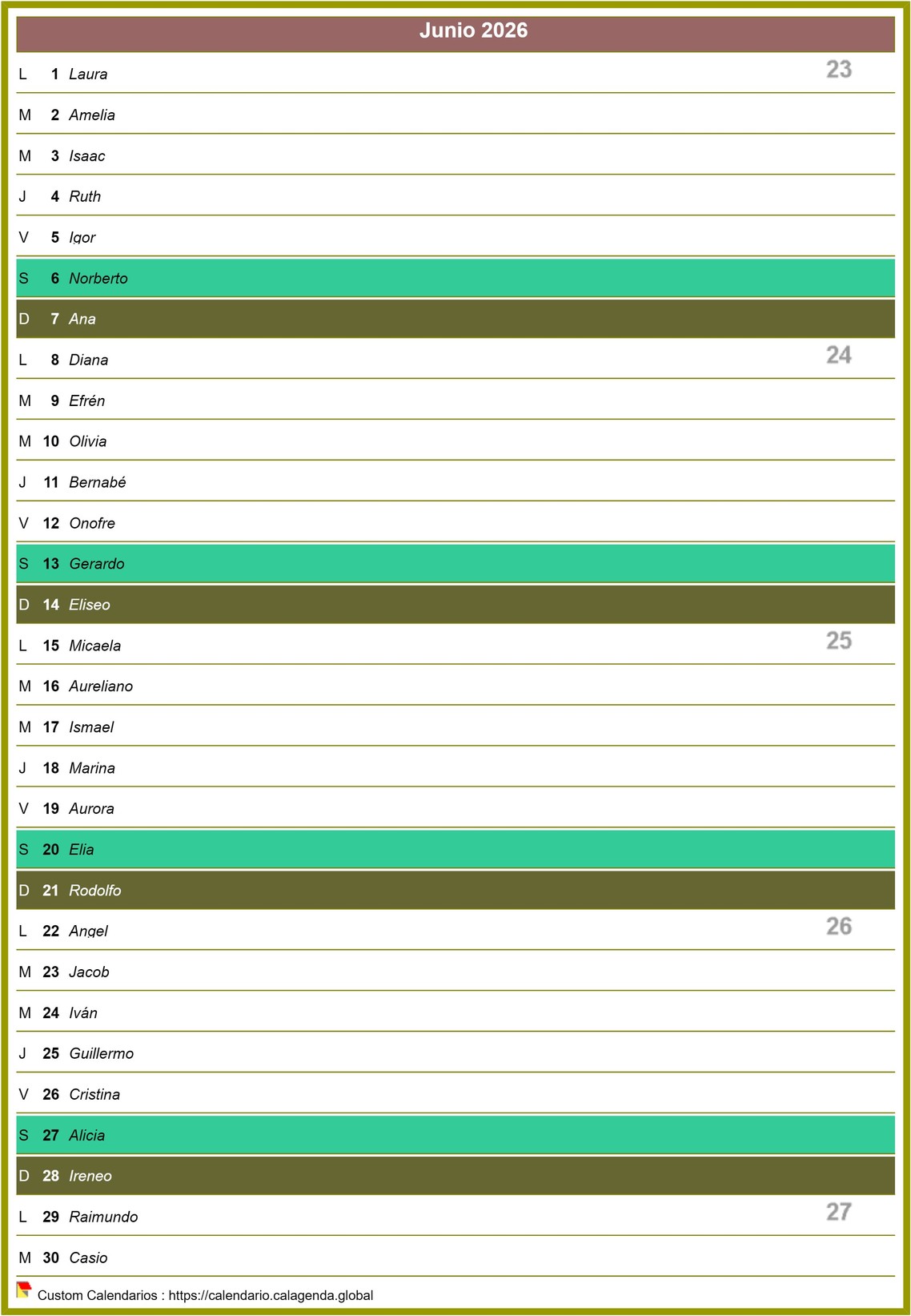 Calendario mensual 2026 en la columna
