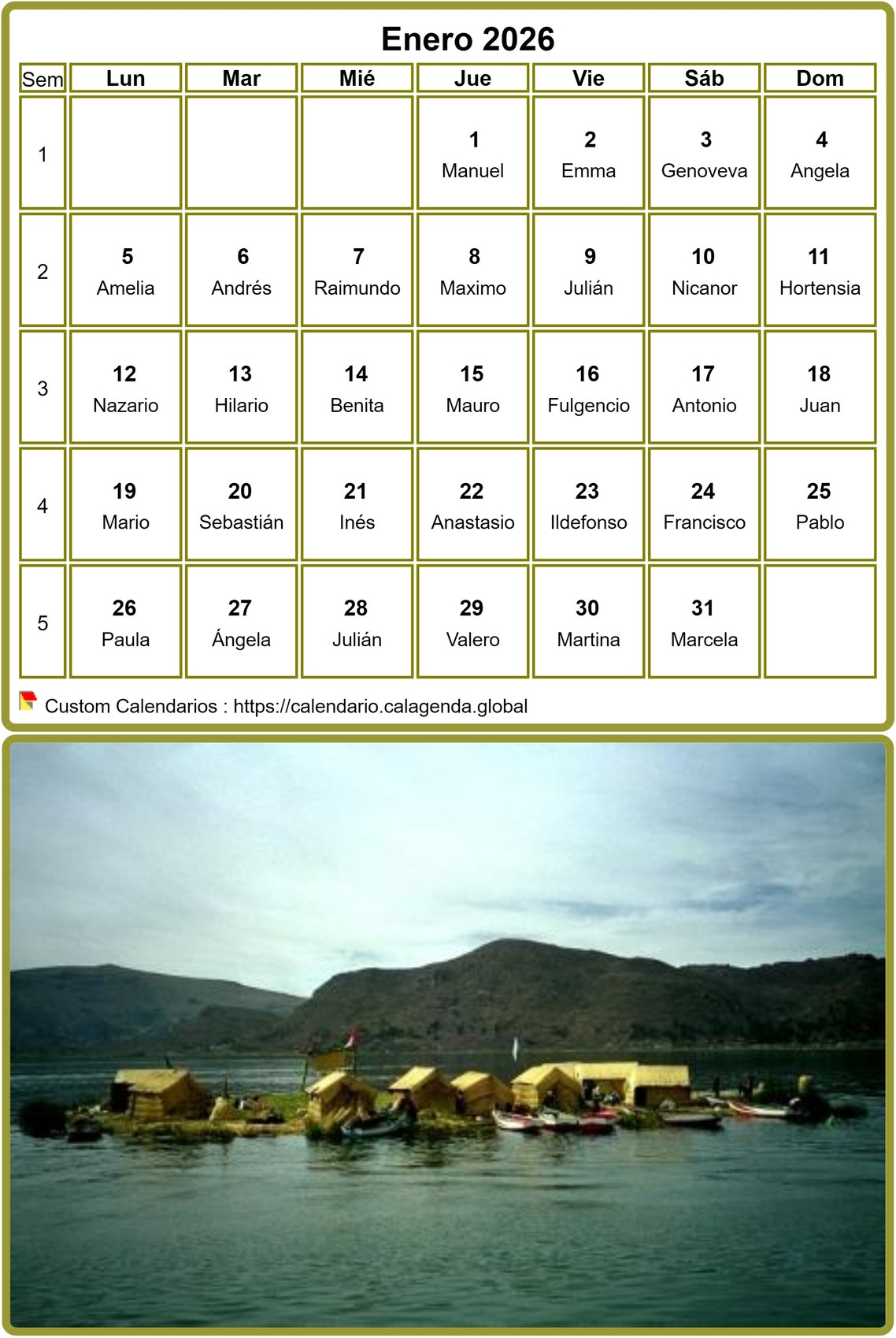 Calendario mensual 2026, mesa con foto