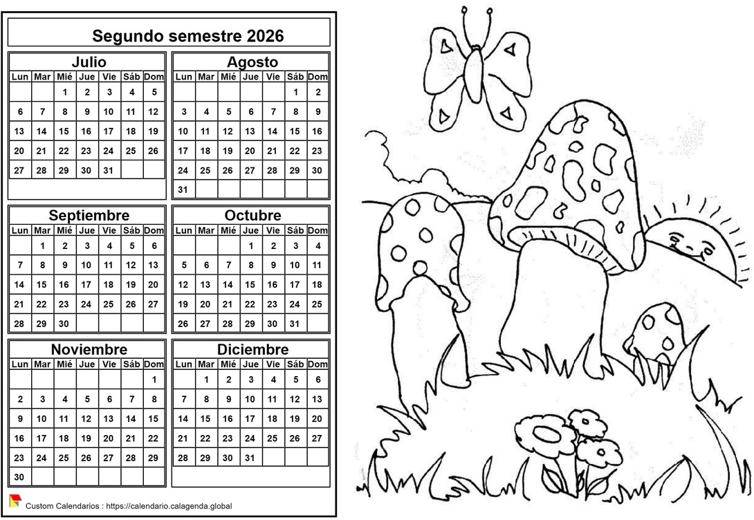 Calendario 2026 para colorear semestral, formato apaisado, para niños Calendario 2026 para colorear semestral, formato apaisado, para niños