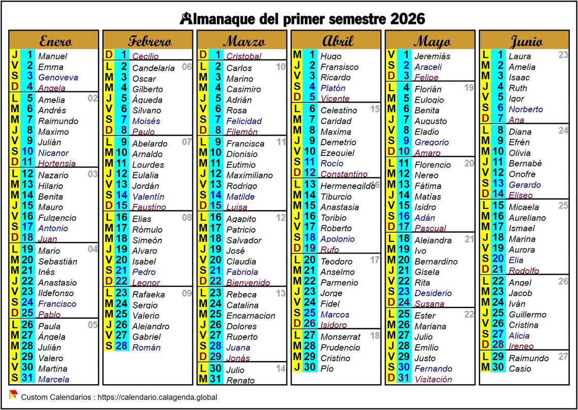 Calendario 2026 semestre seis columnas formato apaisado