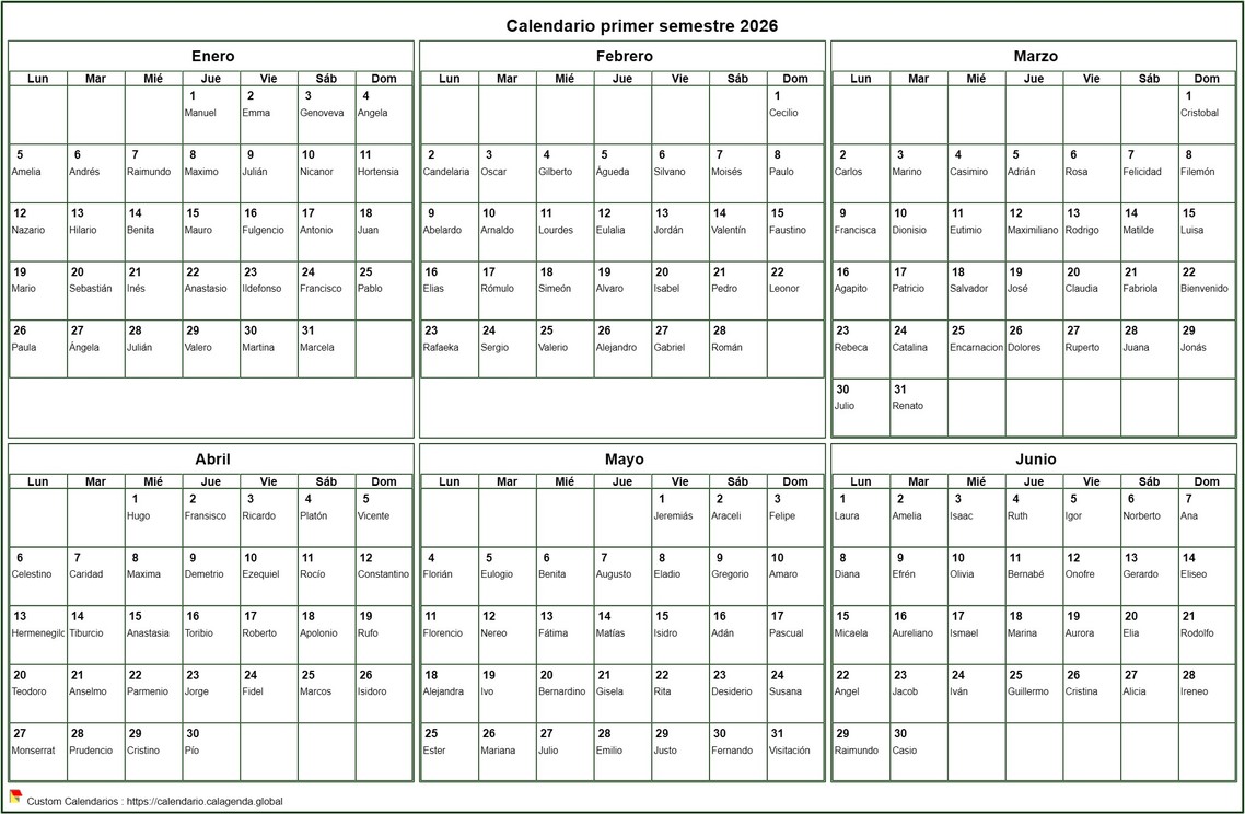 Calendario 2026 para imprimir semestral, formato apaisado