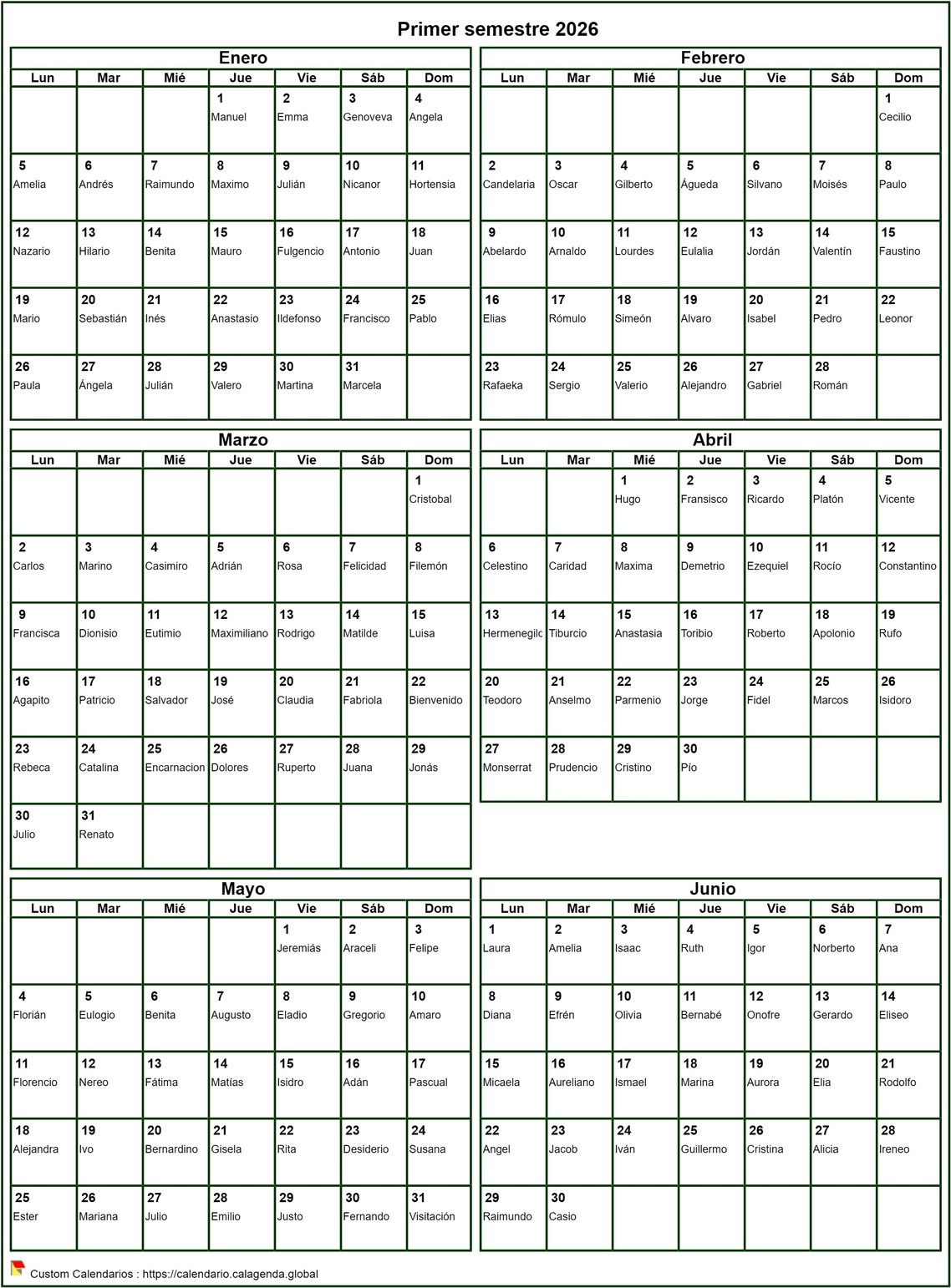 Calendario 2026 para imprimir semestral, formato vertical