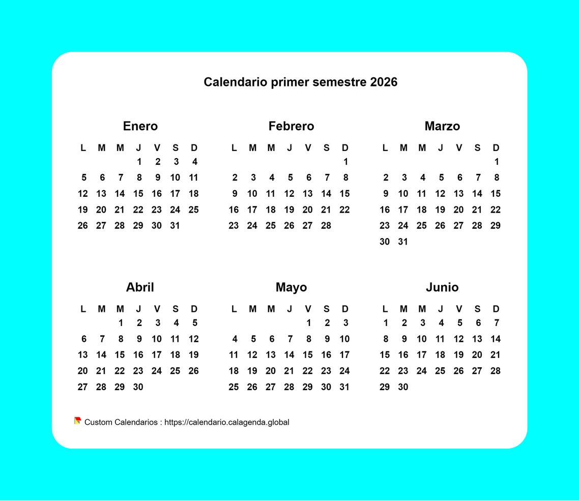 Calendario 2026 semestral con borde