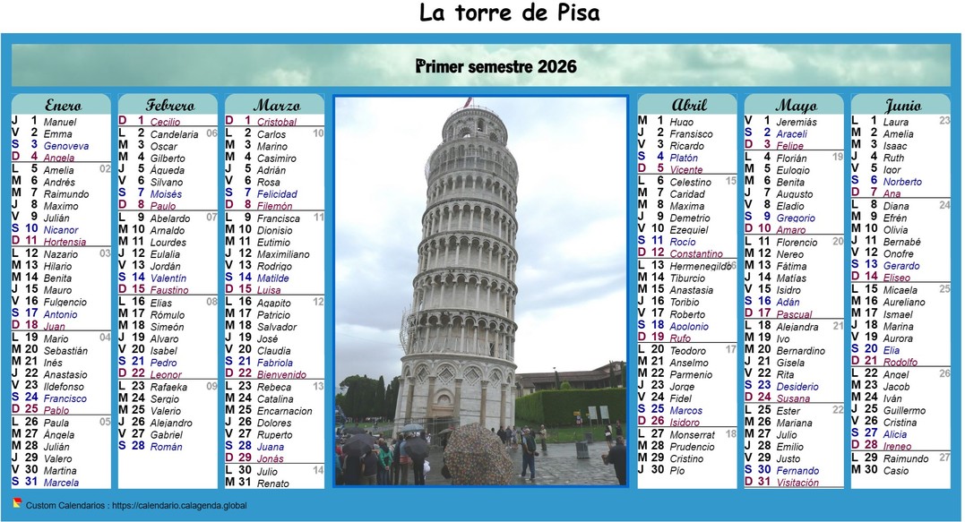 Calendario 2026 semestral en columnas con foto en el medio