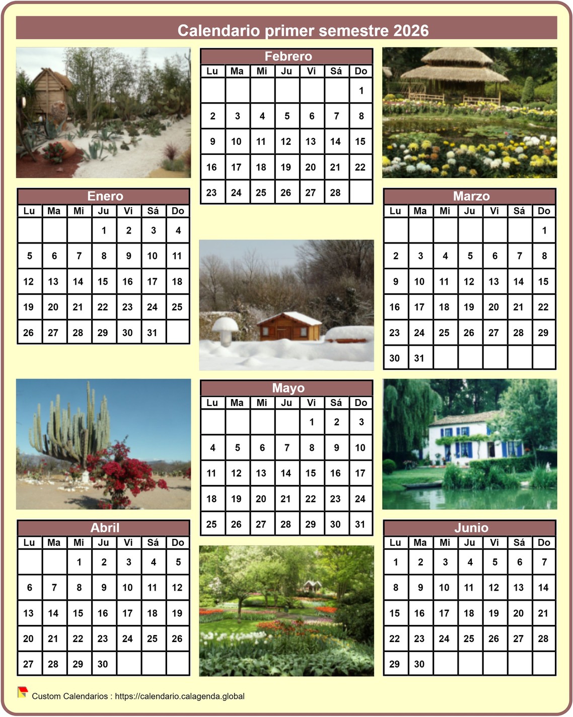 Calendario 2026 semestral con una foto diferente cada mes