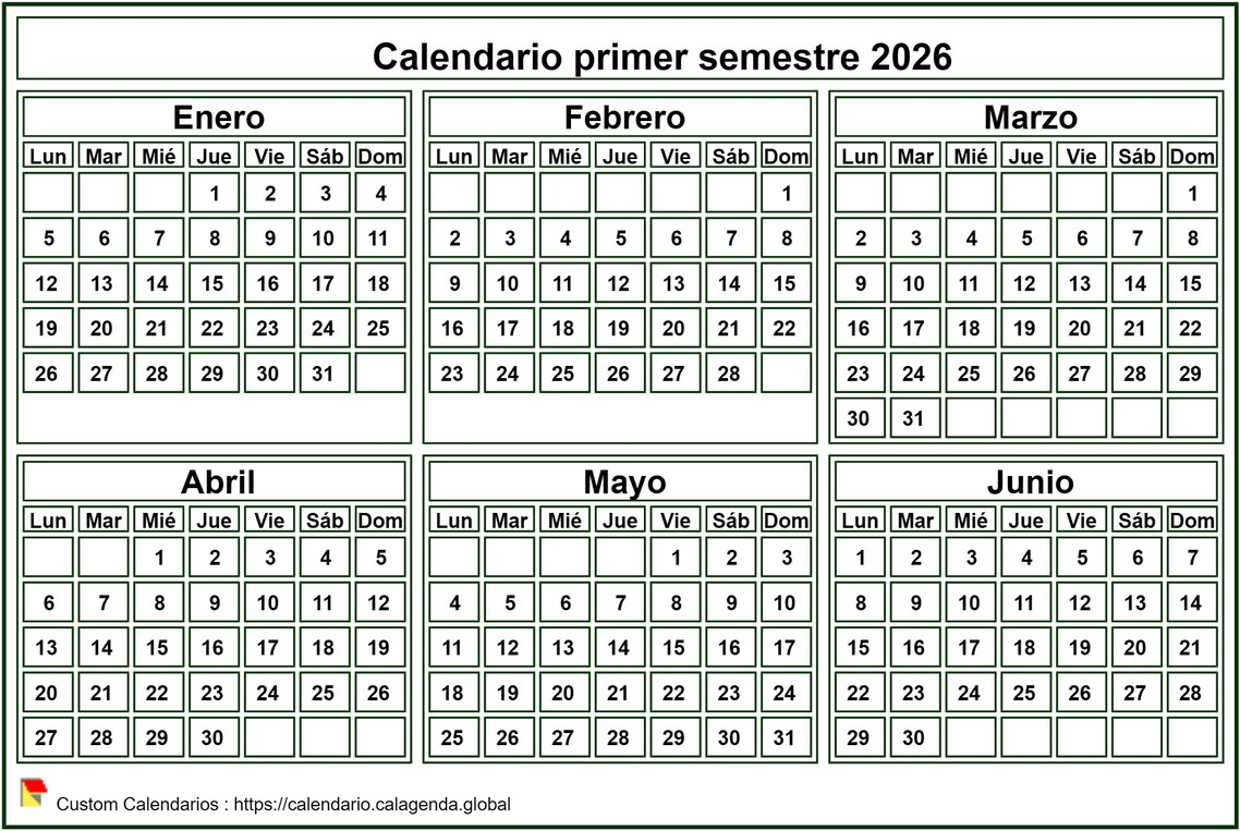 Calendario 2026 para imprimir, semestral, formato de bolsillo pequeño, fondo blanco