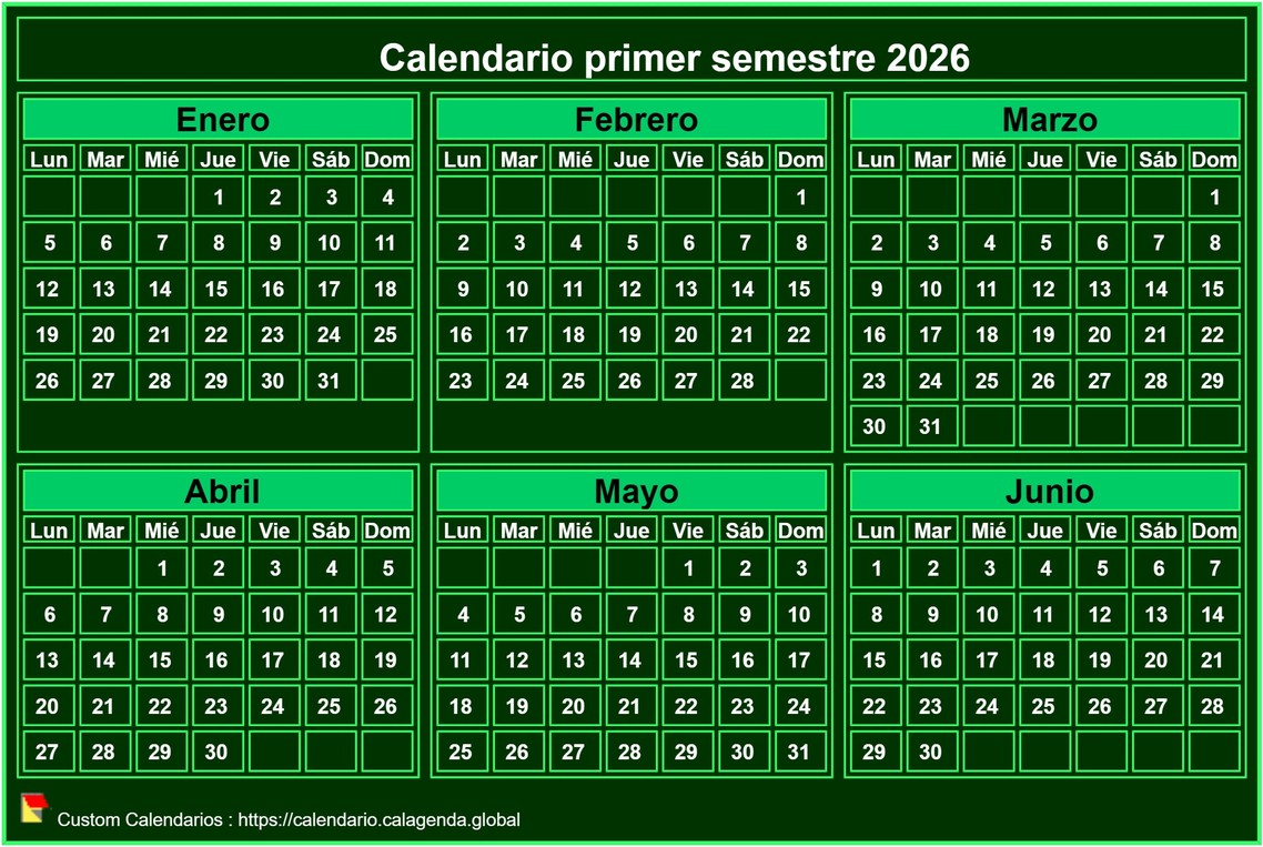 Calendario 2026 para imprimir, semestral, formato de bolsillo pequeño, fondo verde