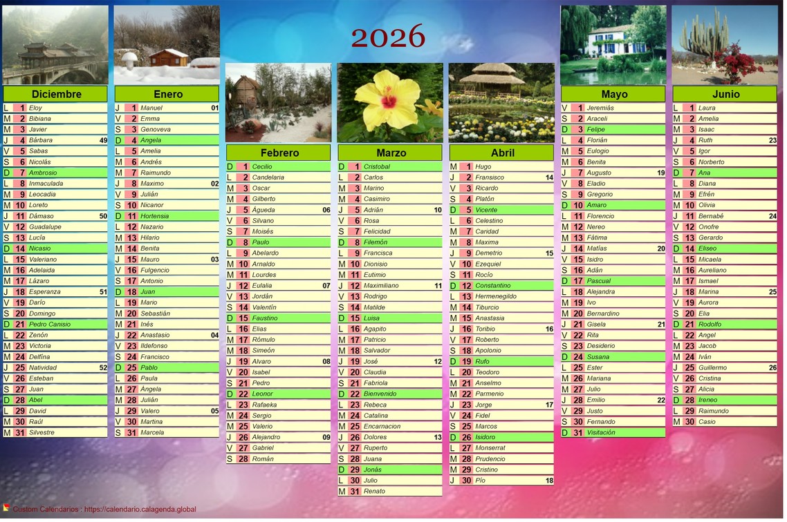 Calendario 2026 de siete meses con fotos
