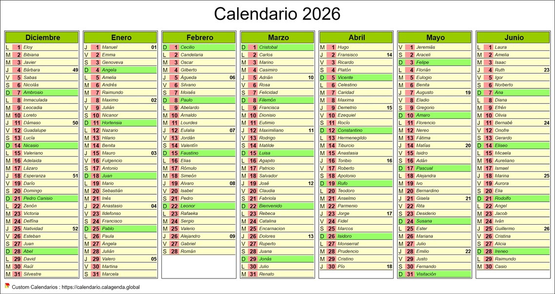 Calendario 2026 semestre de siete meses