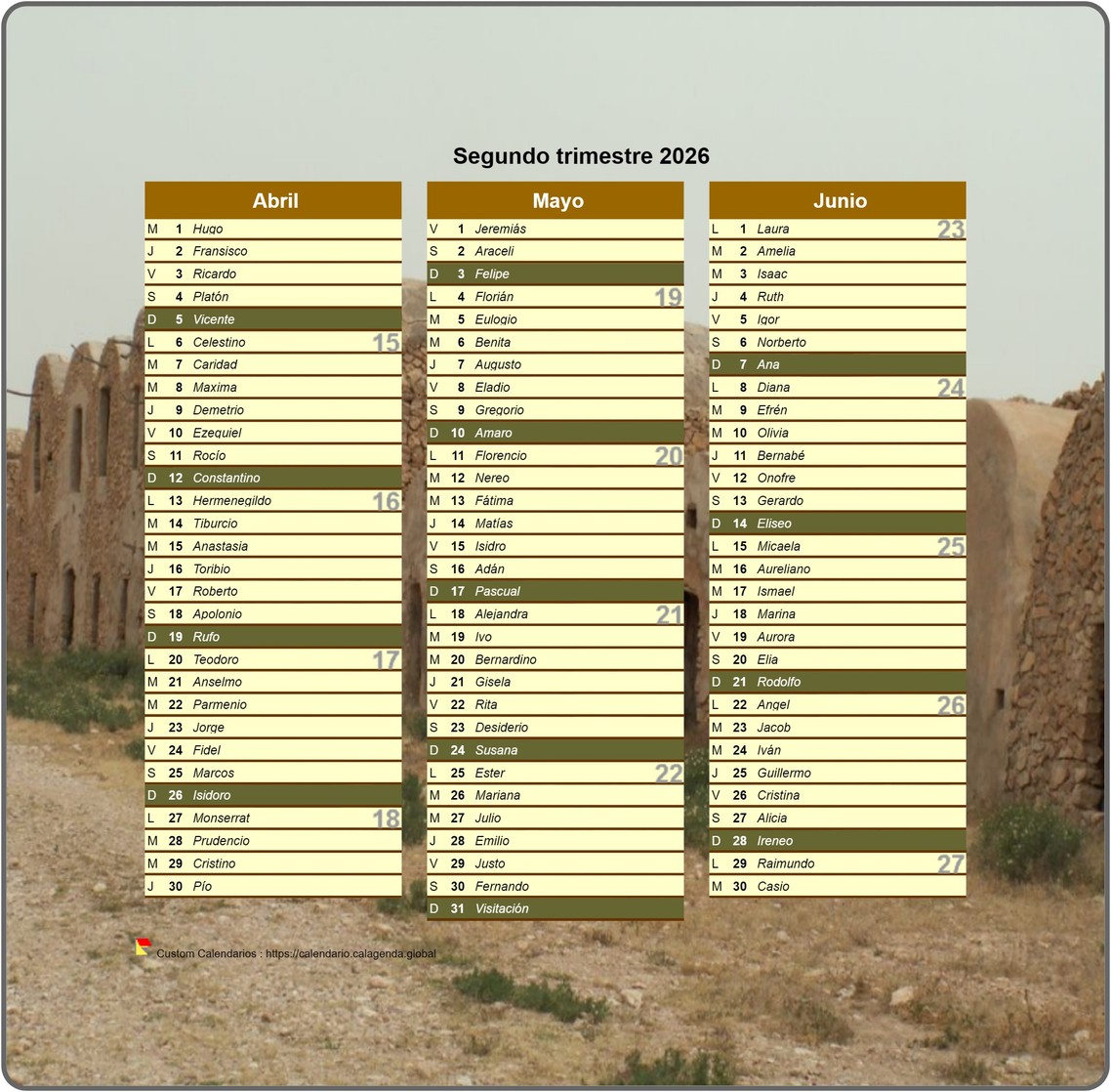 Calendario 2026 trimestral decorativo con foto, formato retrato, una columna al mes