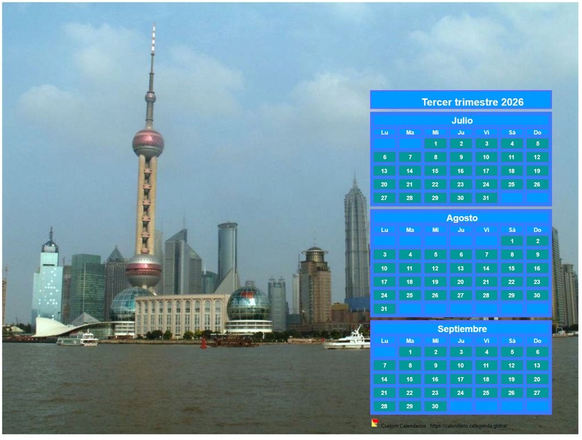 Calendario 2026 para imprimir trimestralmente, formato apaisado, encima de la parte derecha de una foto (Shangaï).