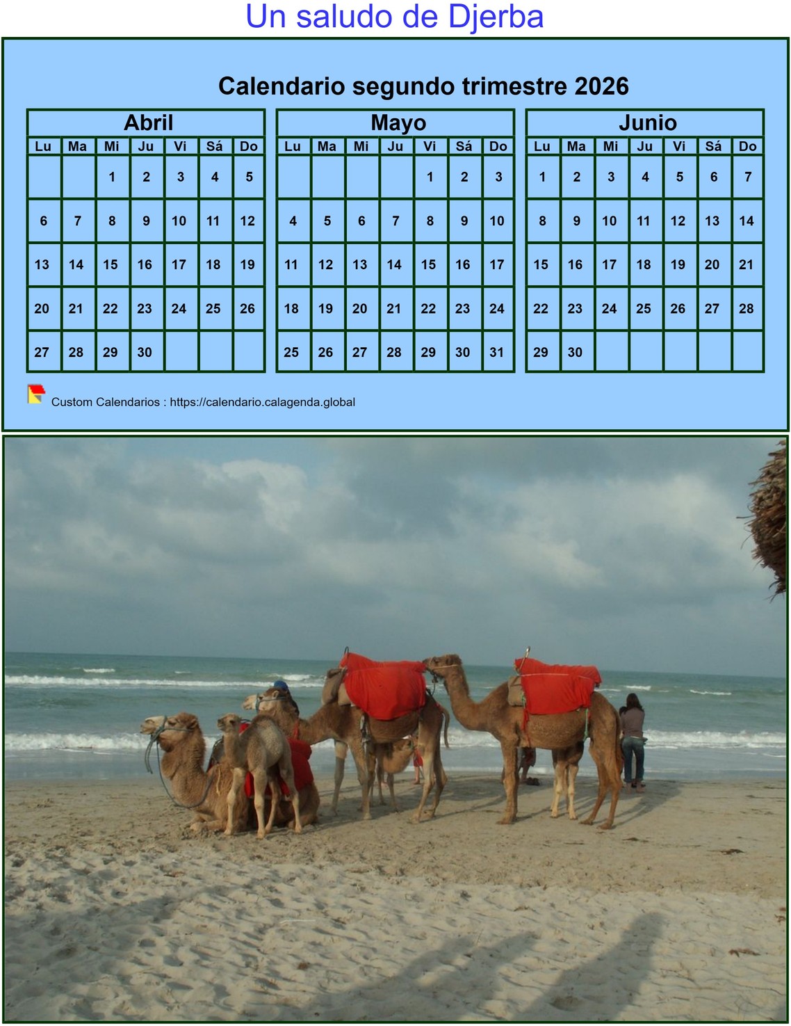 Calendario 2026 para imprimir trimestralmente, formato pequeño, fondo azul, con foto
