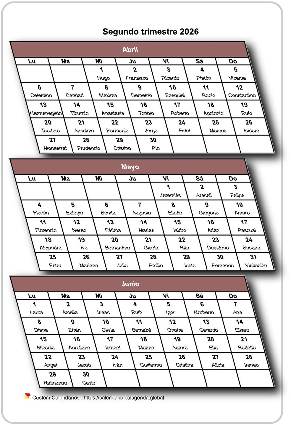 Calendario 2026 trimestral 3D