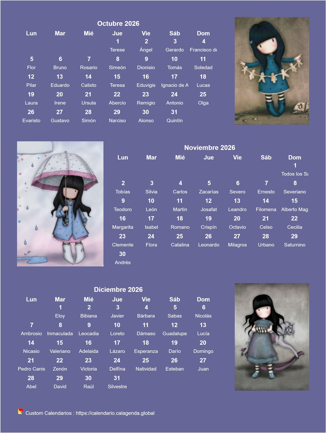 Calendario 2026 trimestral Gorjuss