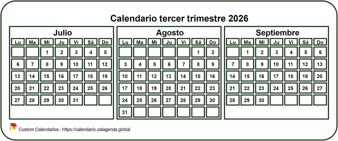 Calendario 2026 para imprimir trimestralmente, formato de bolsillo pequeño, fondo blanco