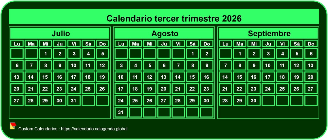 Calendario 2026 para imprimir trimestralmente, formato de bolsillo pequeño, fondo verde