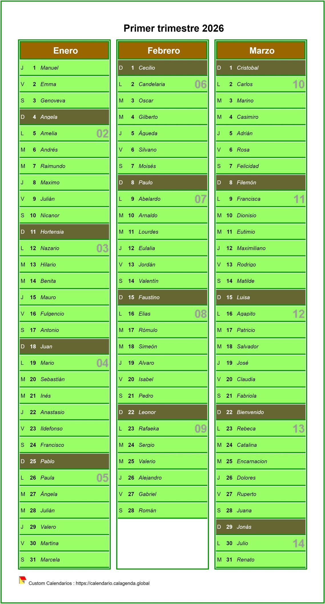 Calendario 2026 a falta del calendario civil agenda trimestral, una columna al mes