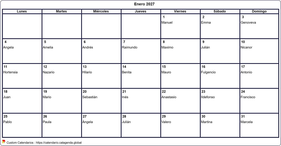 Calendario enero 2027 para imprimir en blanco