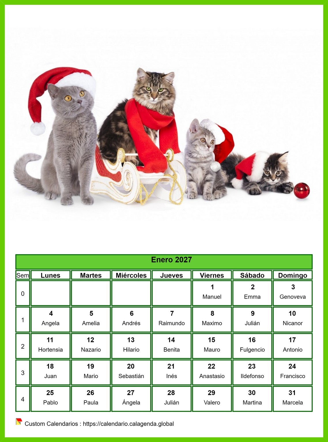 Calendario enero 2027 gatos