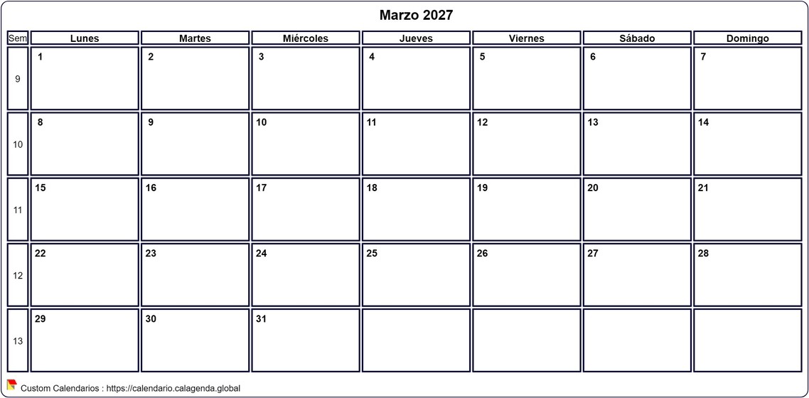 Calendario marzo 2027