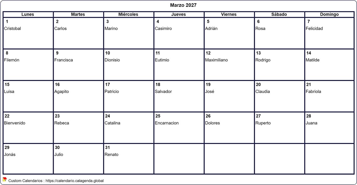 Calendario marzo 2027 para imprimir en blanco Calendario marzo 2027 para imprimir en blanco