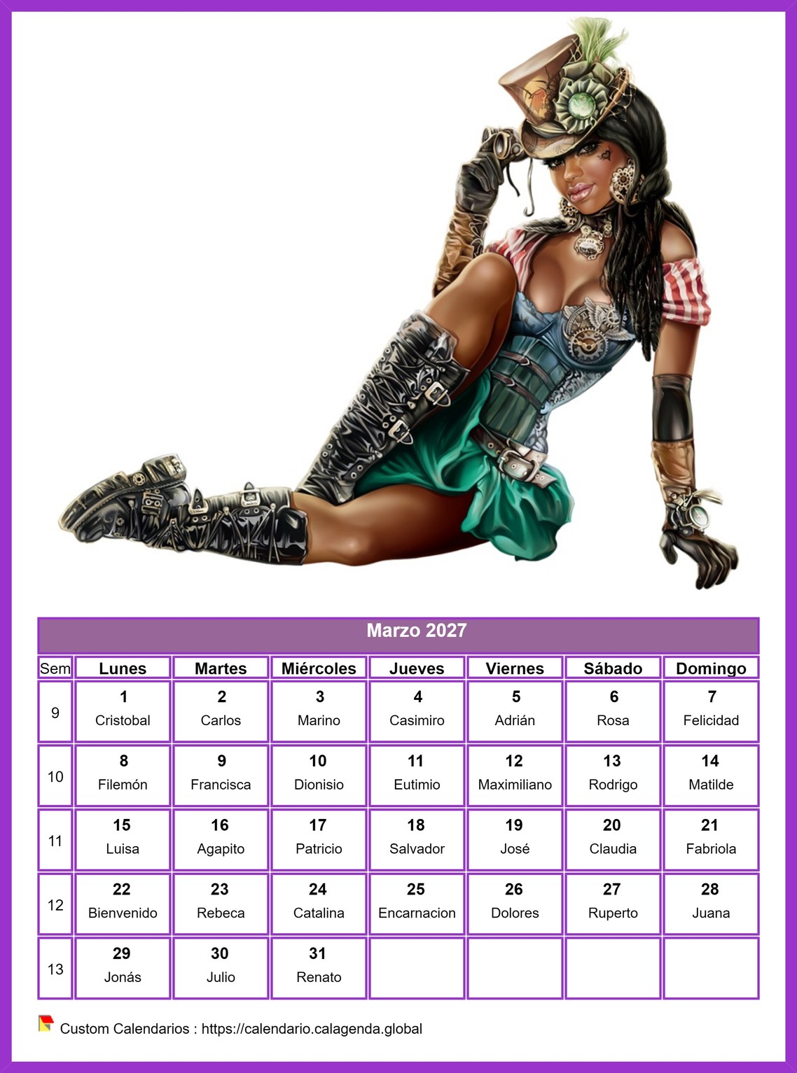 Calendario marzo 2027 mujeres