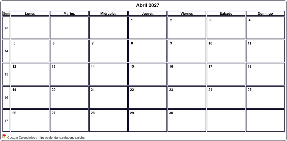 Calendario abril 2027