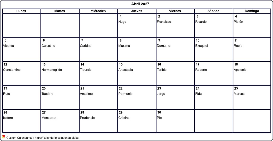 Calendario abril 2027 para imprimir en blanco