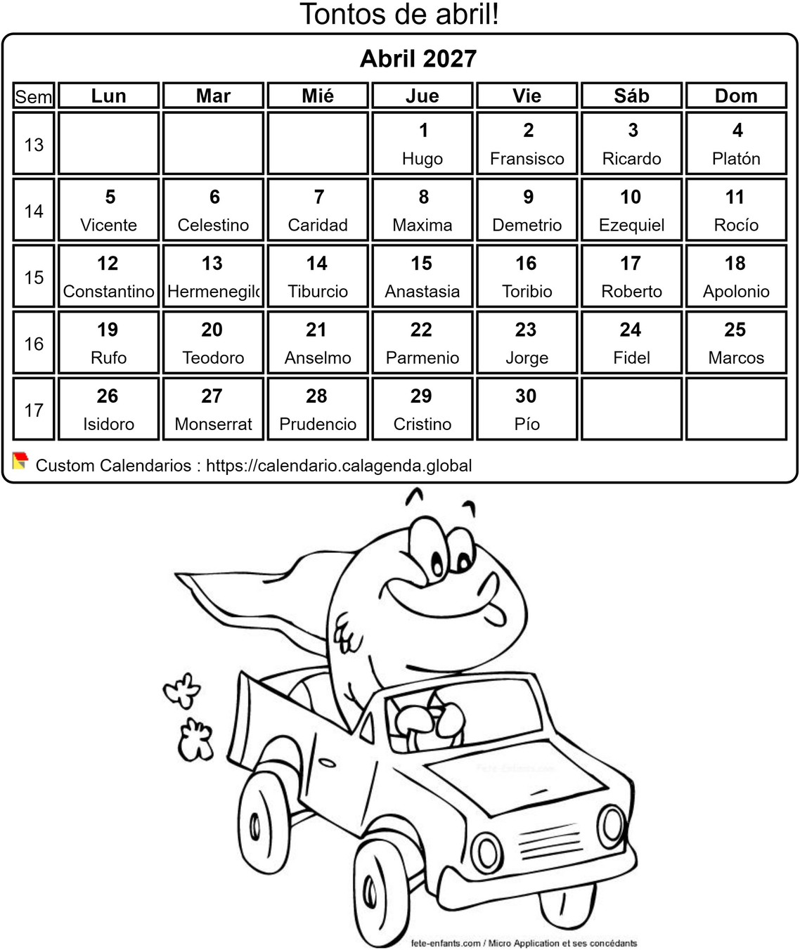 Calendario para colorear abril 2027