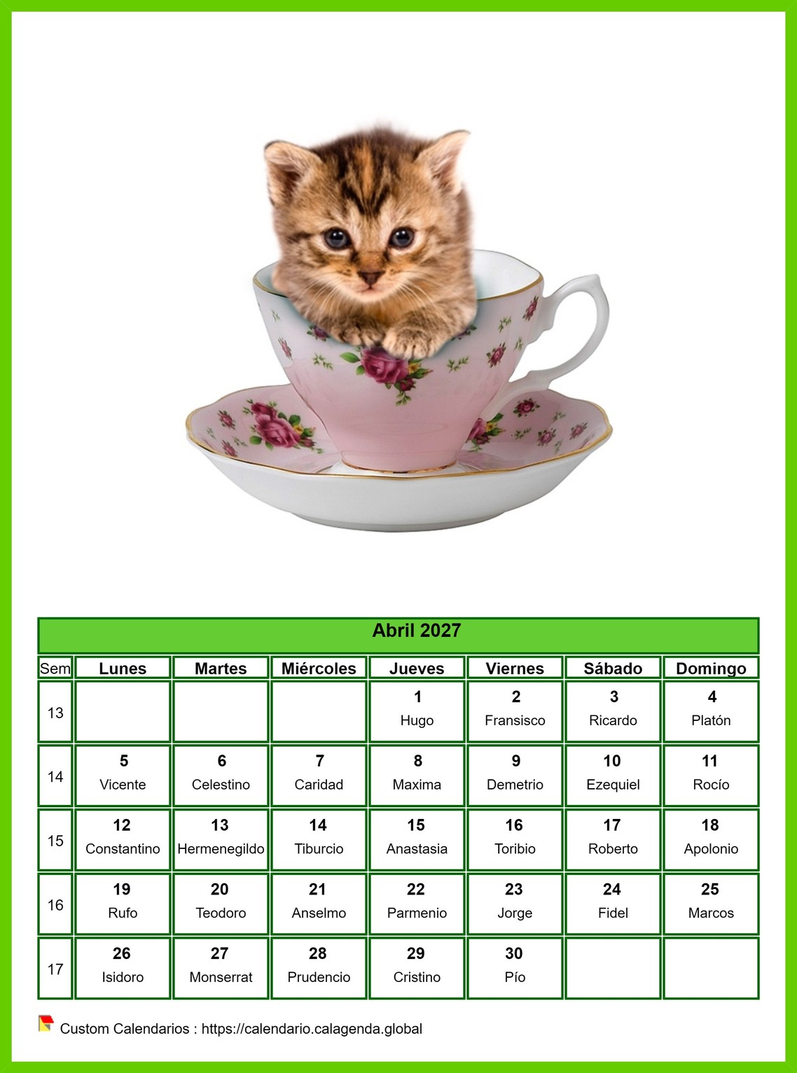 Calendario abril 2027 gatos