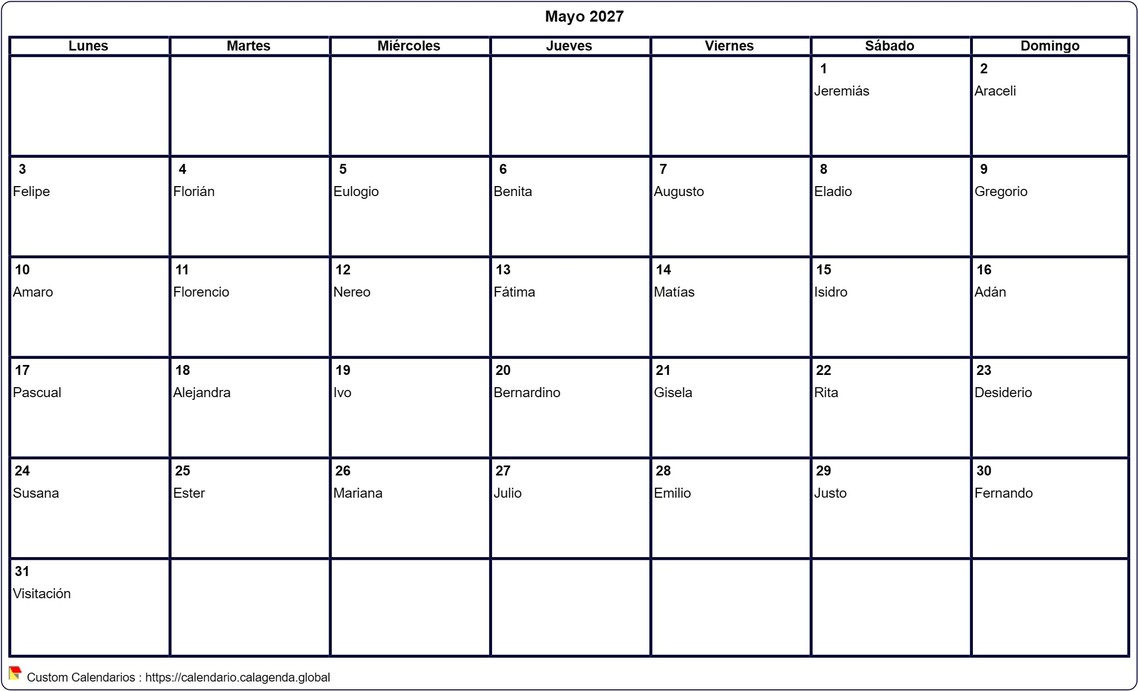 Calendario mayo 2027 para imprimir en blanco