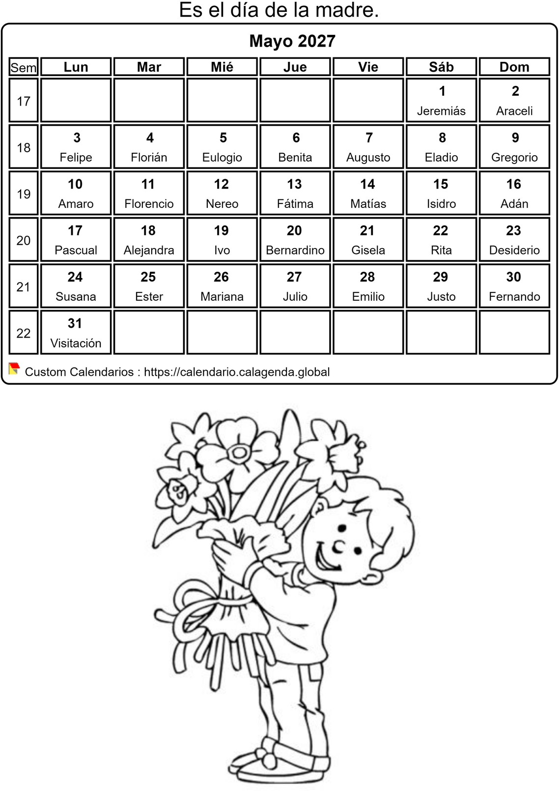 Calendario para colorear mayo 2027