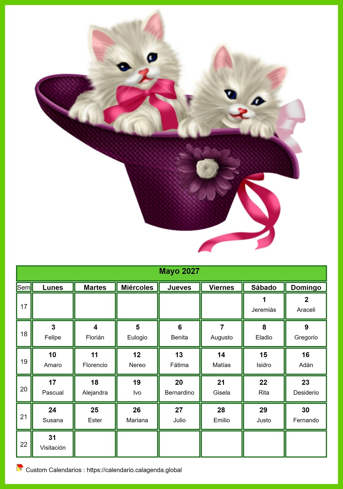 Calendario mayo 2027 gatos