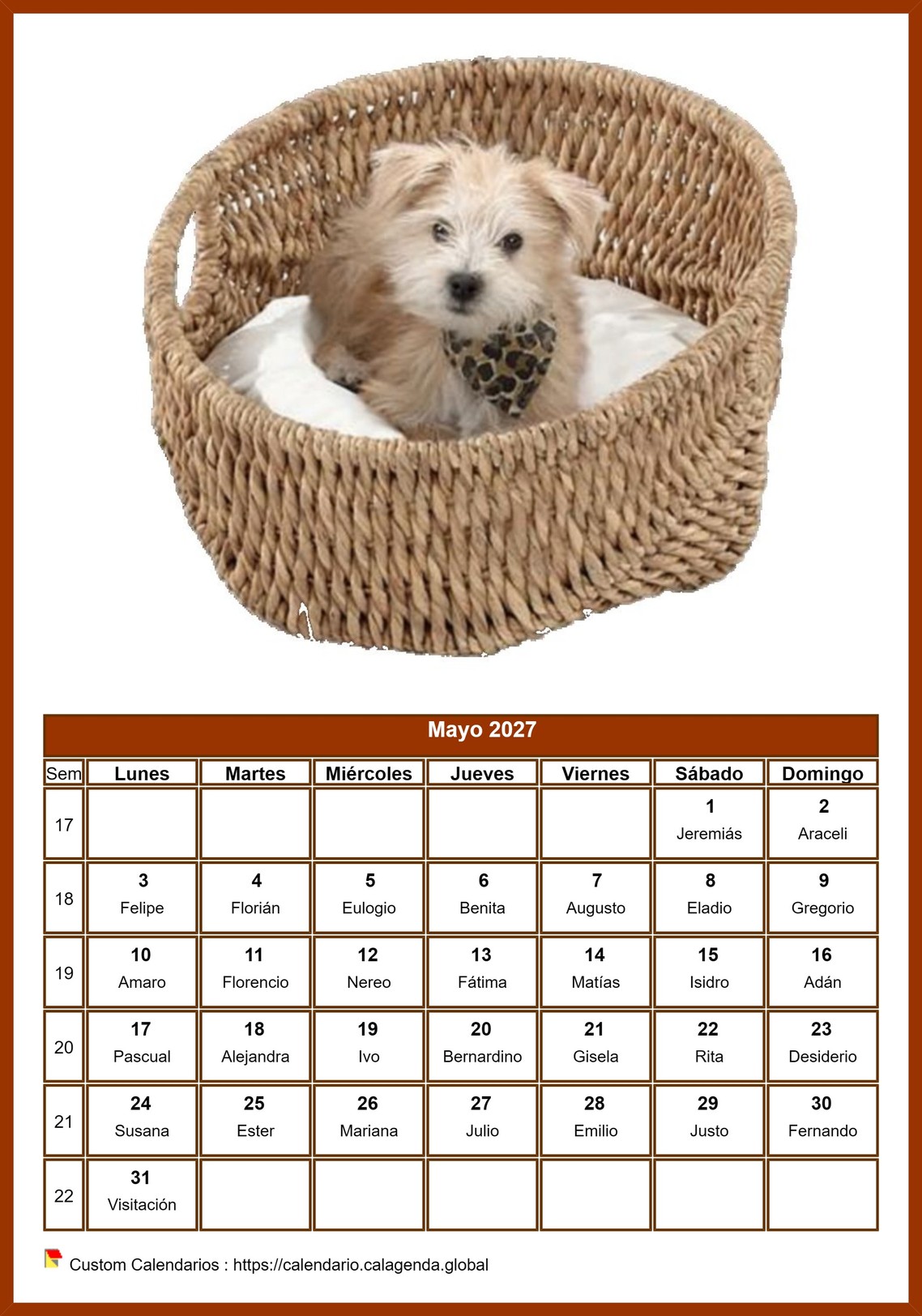 Calendario mayo 2027 perros