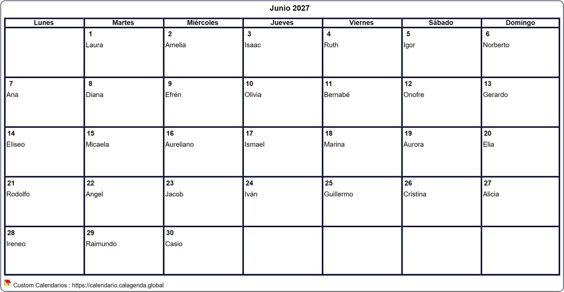 Calendario junio 2027 para imprimir en blanco