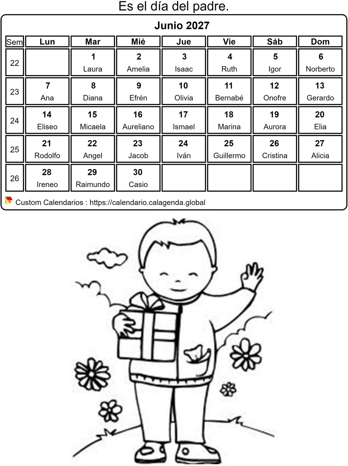 Calendario para colorear junio 2027