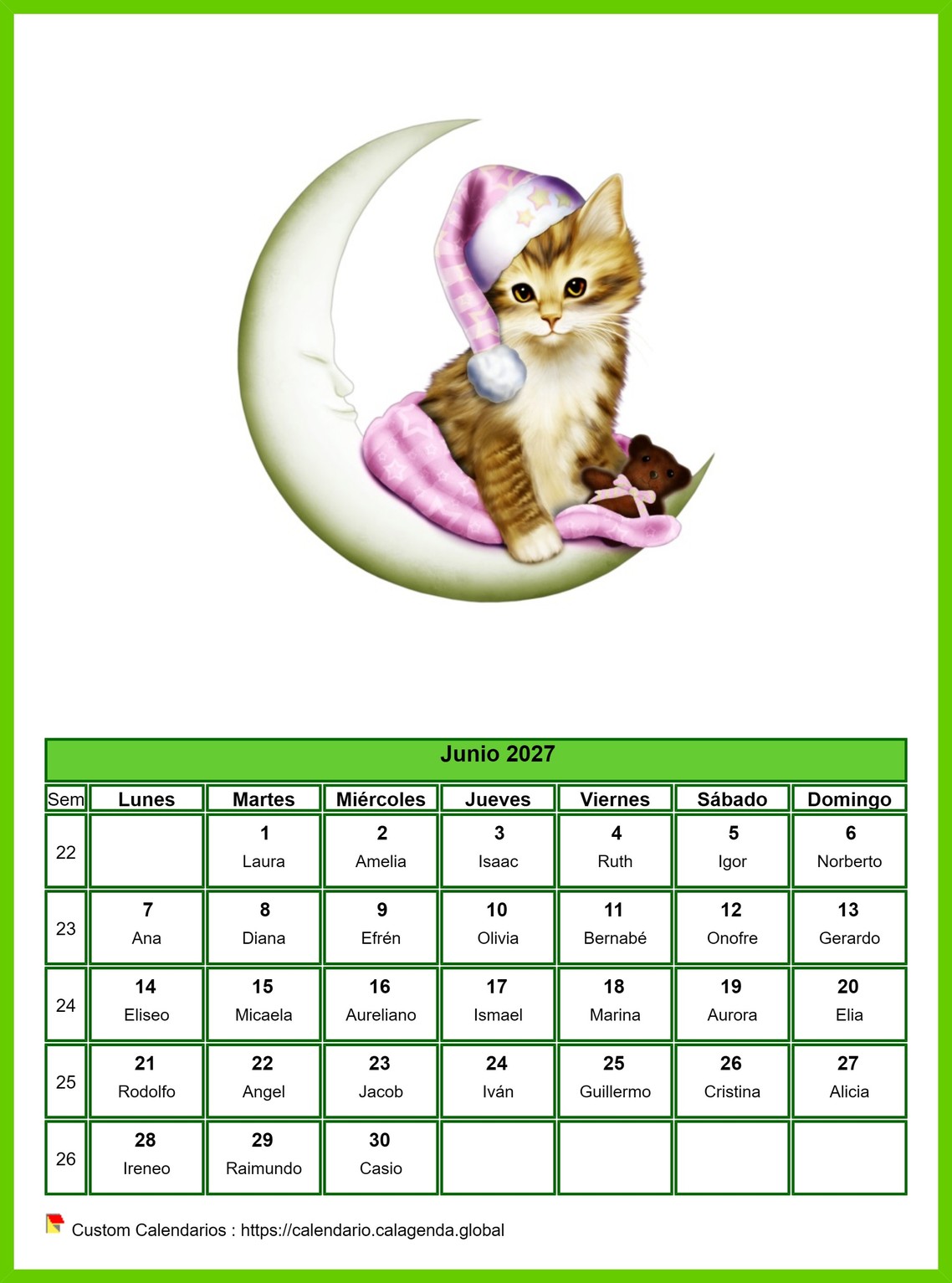 Calendario junio 2027 gatos