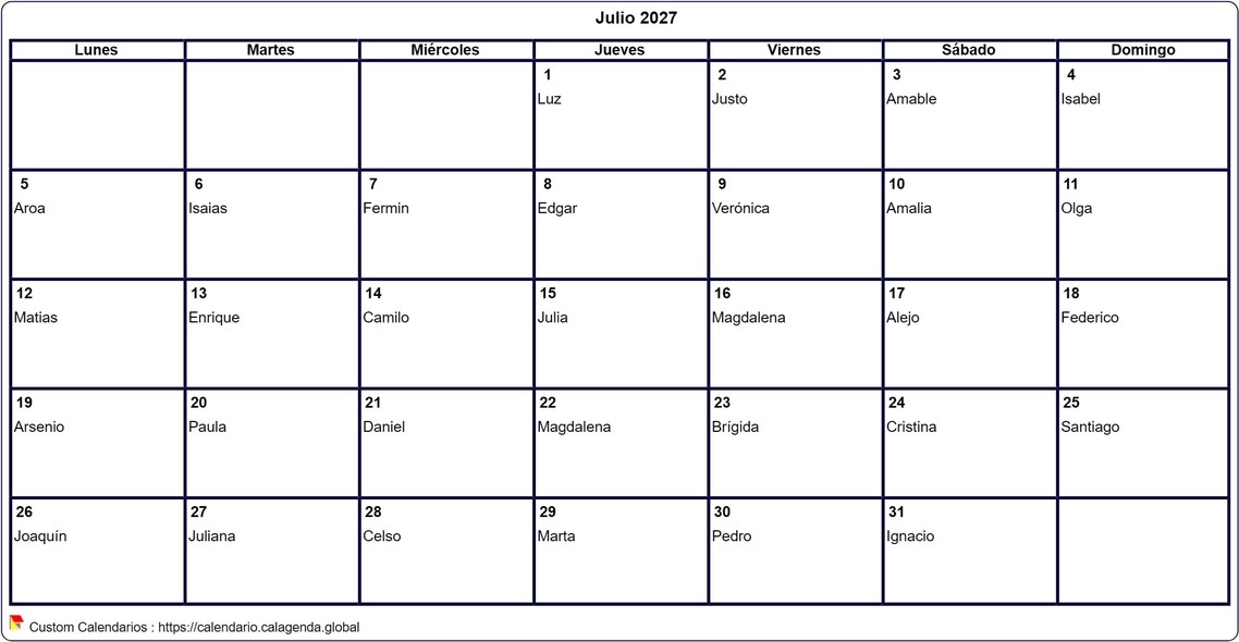 Calendario julio 2027 para imprimir en blanco