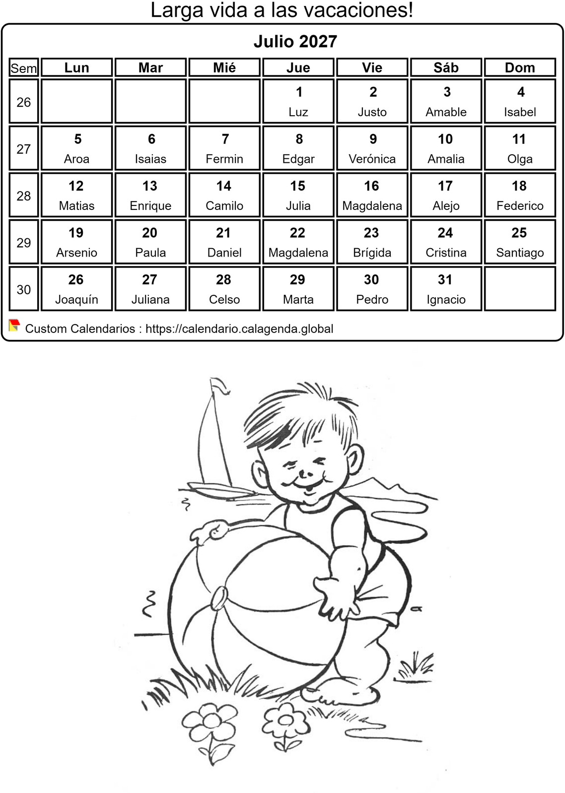 Calendario para colorear julio 2027