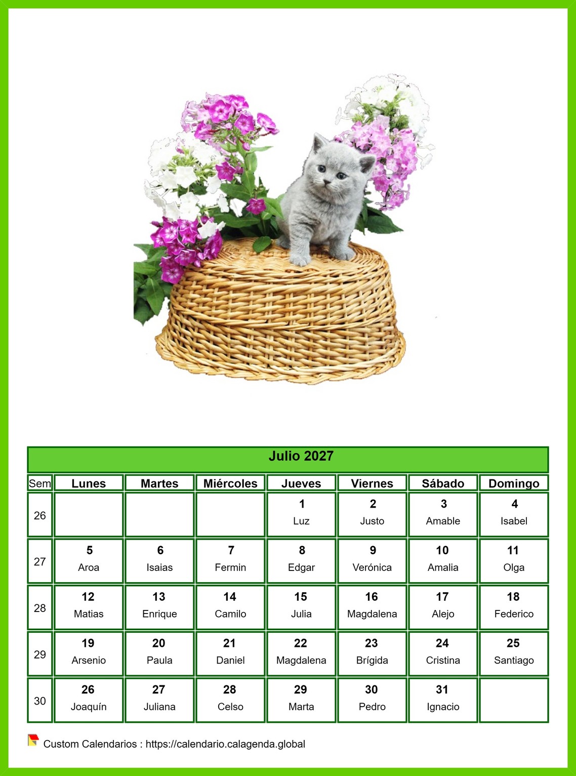 Calendario julio 2027 gatos