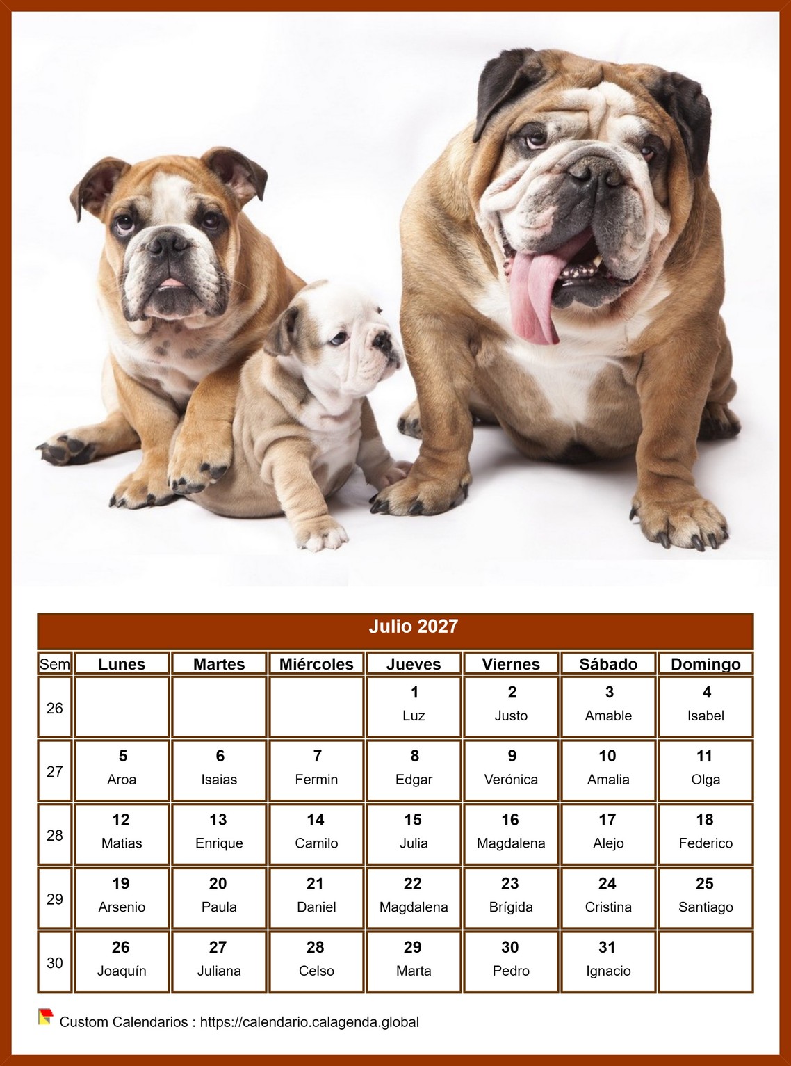 Calendario julio 2027 perros
