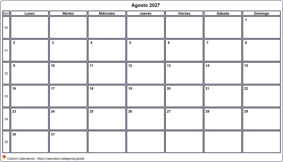 Calendario agosto 2027