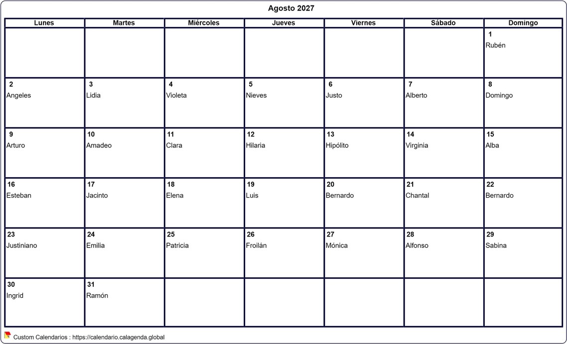 Calendario agosto 2027 para imprimir en blanco