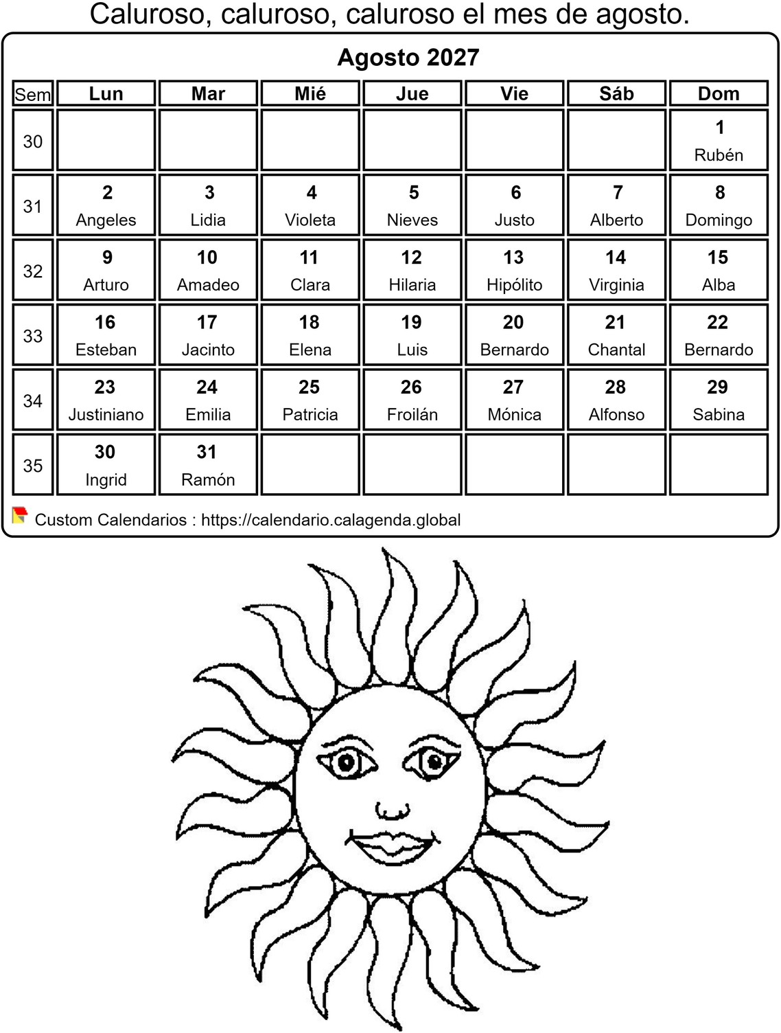 Calendario para colorear agosto 2027
