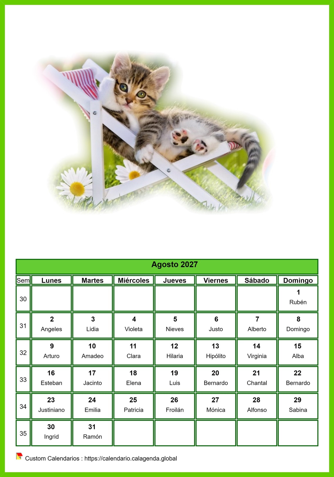 Calendario agosto 2027 gatos