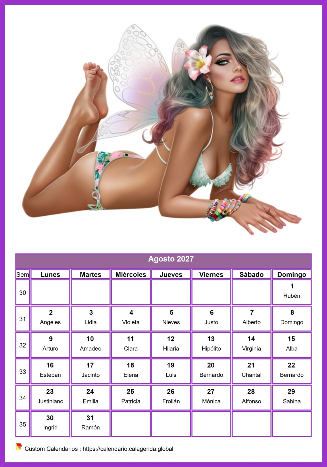 Calendario agosto 2027 mujeres