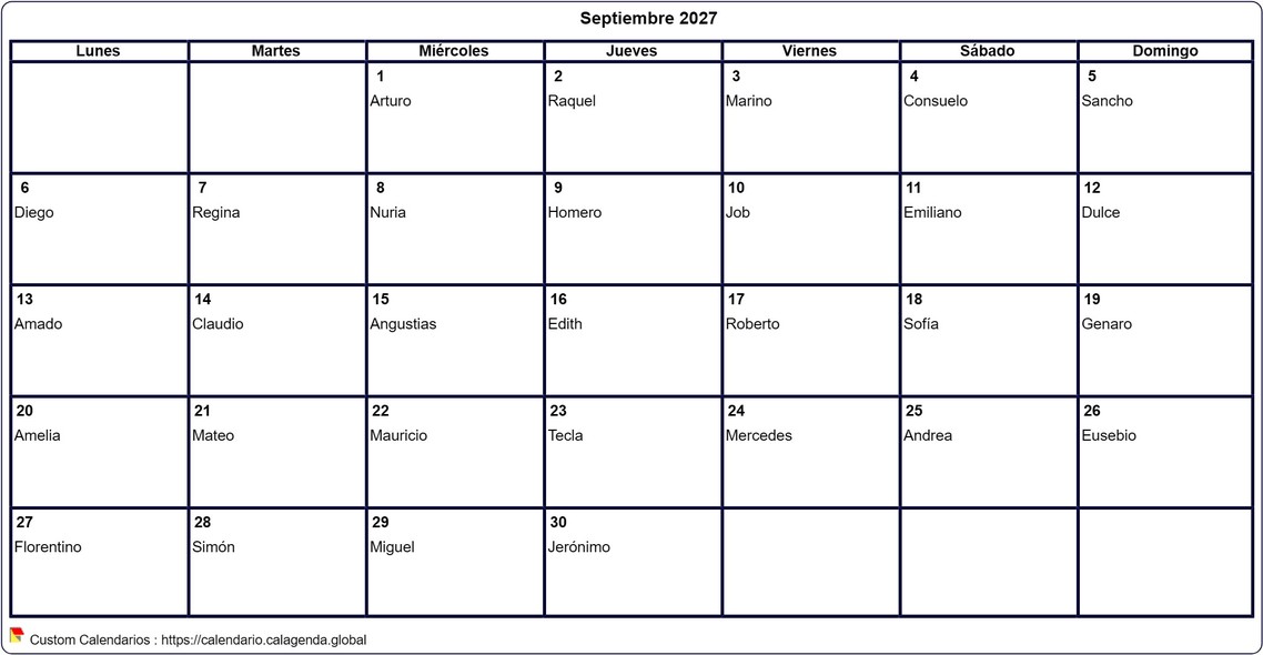 Calendario septiembre 2027 para imprimir en blanco