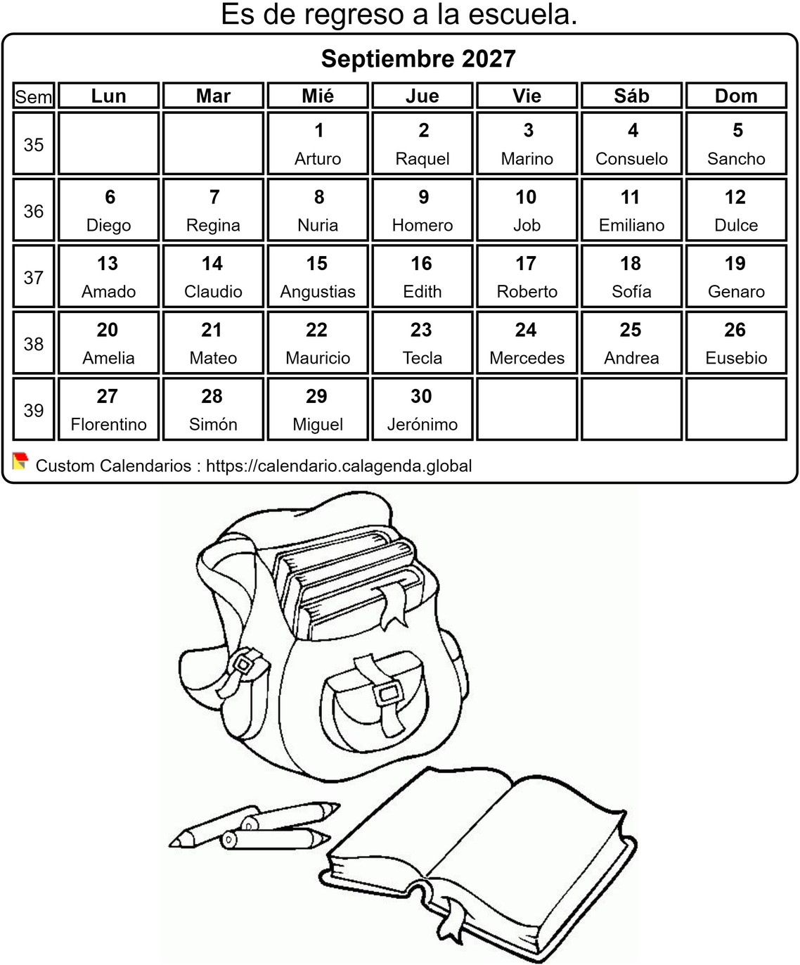 Calendario para colorear septiembre 2027
