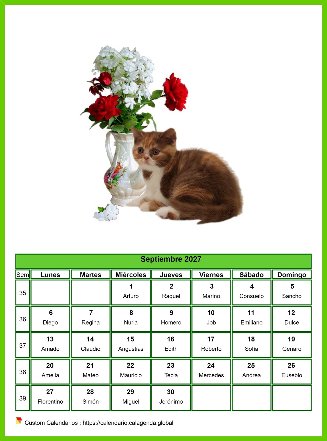 Calendario septiembre 2027 gatos
