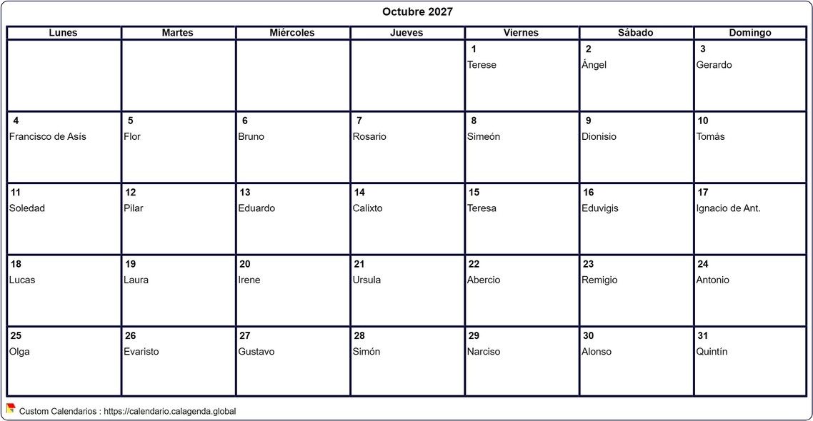 Calendario octubre 2027 para imprimir en blanco